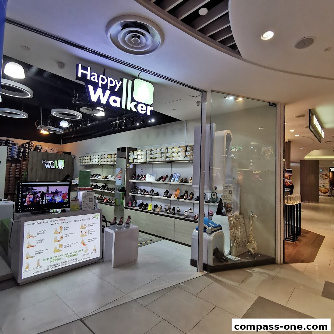 The Happy Walker shoe store features a well-lit interior with shelves displaying various footwear and a digital display about foot pain solutions.