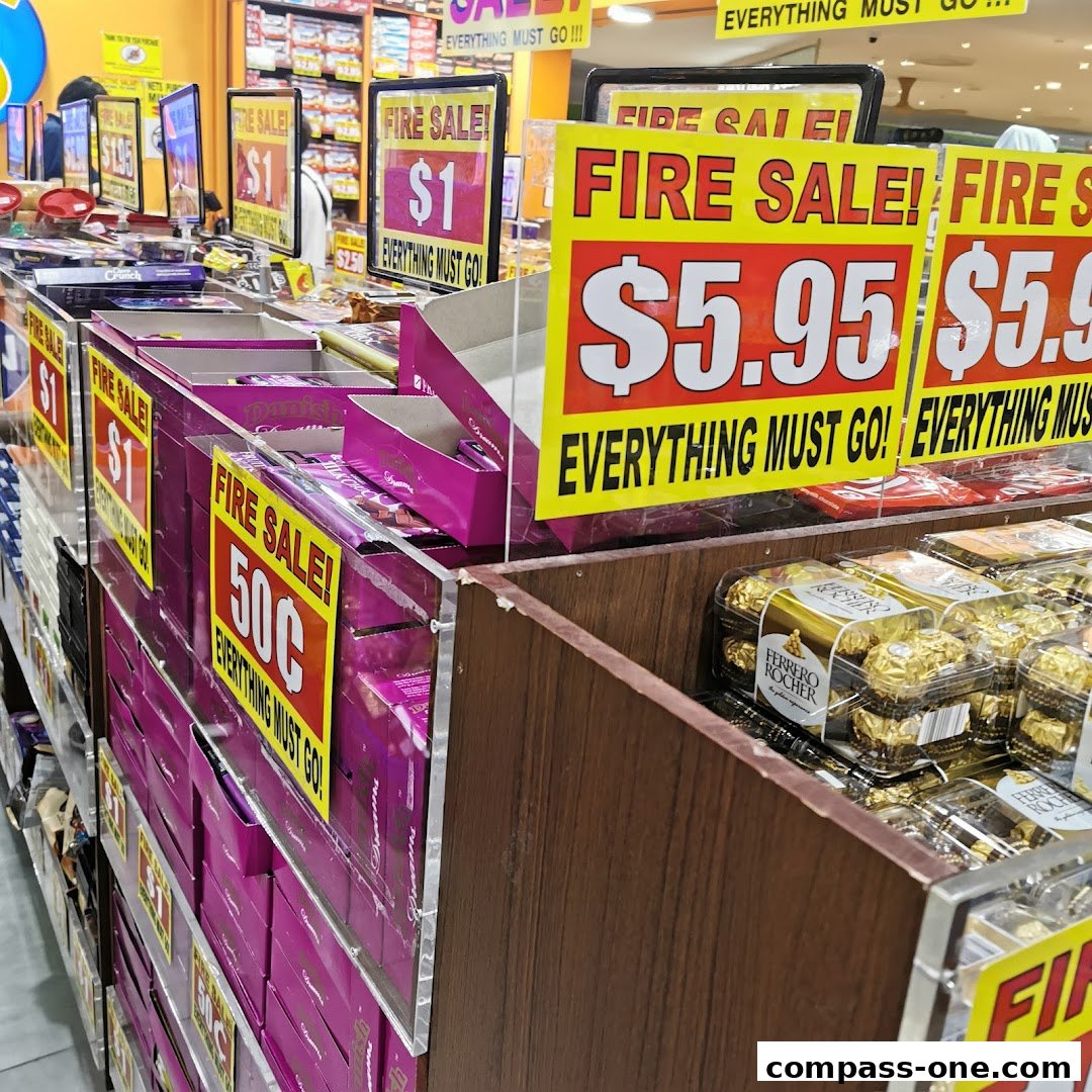 A retail display featuring a 'Fire Sale' with various items priced at $1, 50 cents, and $5.95.