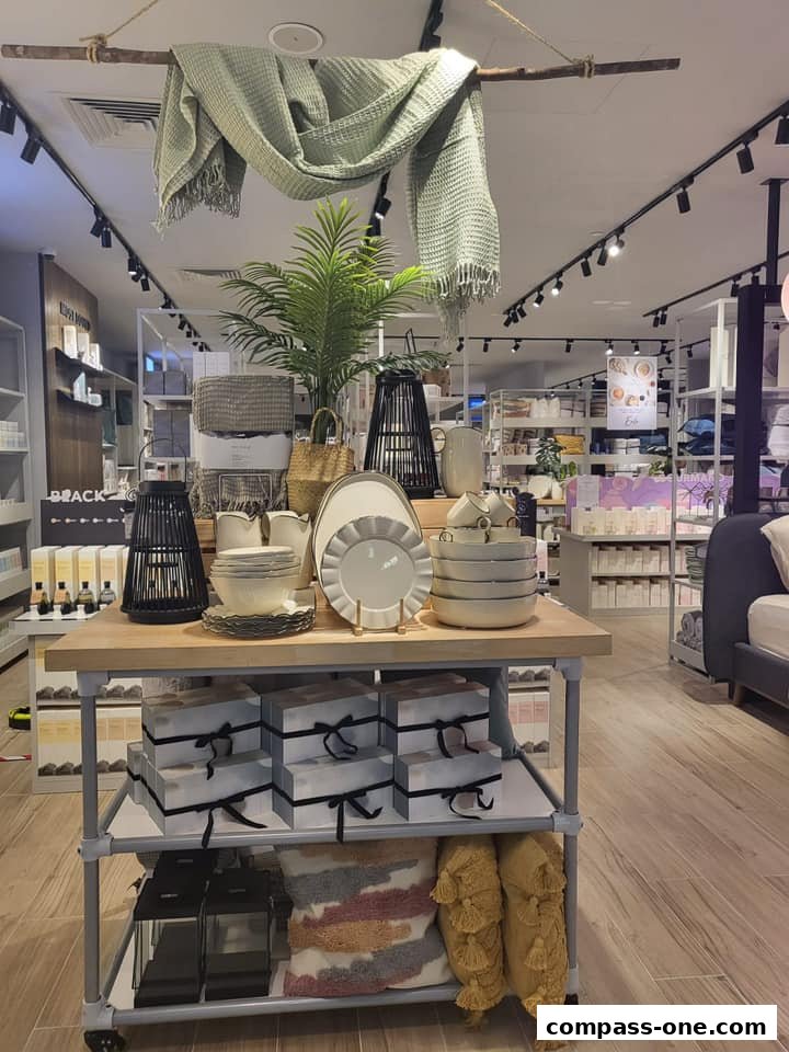 Interior view of a home decor store showcasing blankets, pillows, lanterns, and tableware.