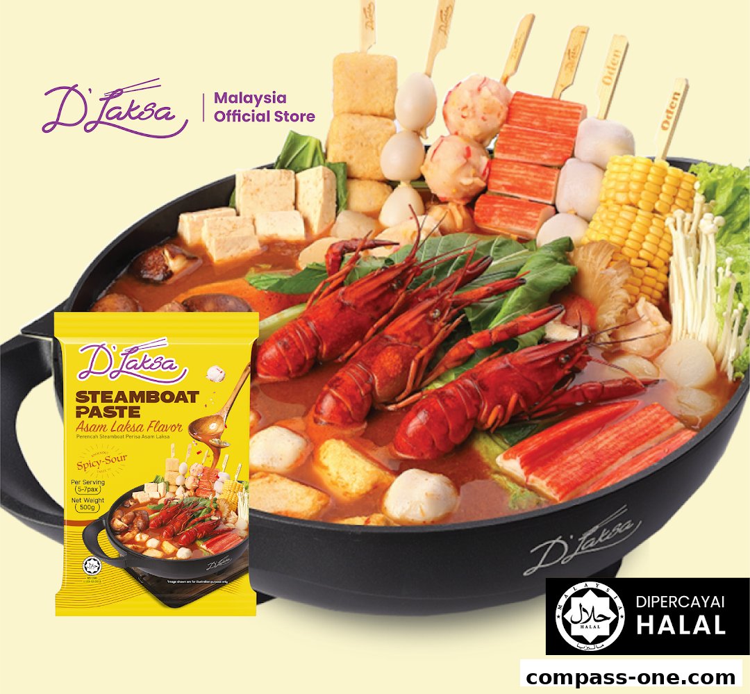 A steamboat pot filled with various ingredients and a packet of D'Laksa Asam Laksa Steamboat Paste.