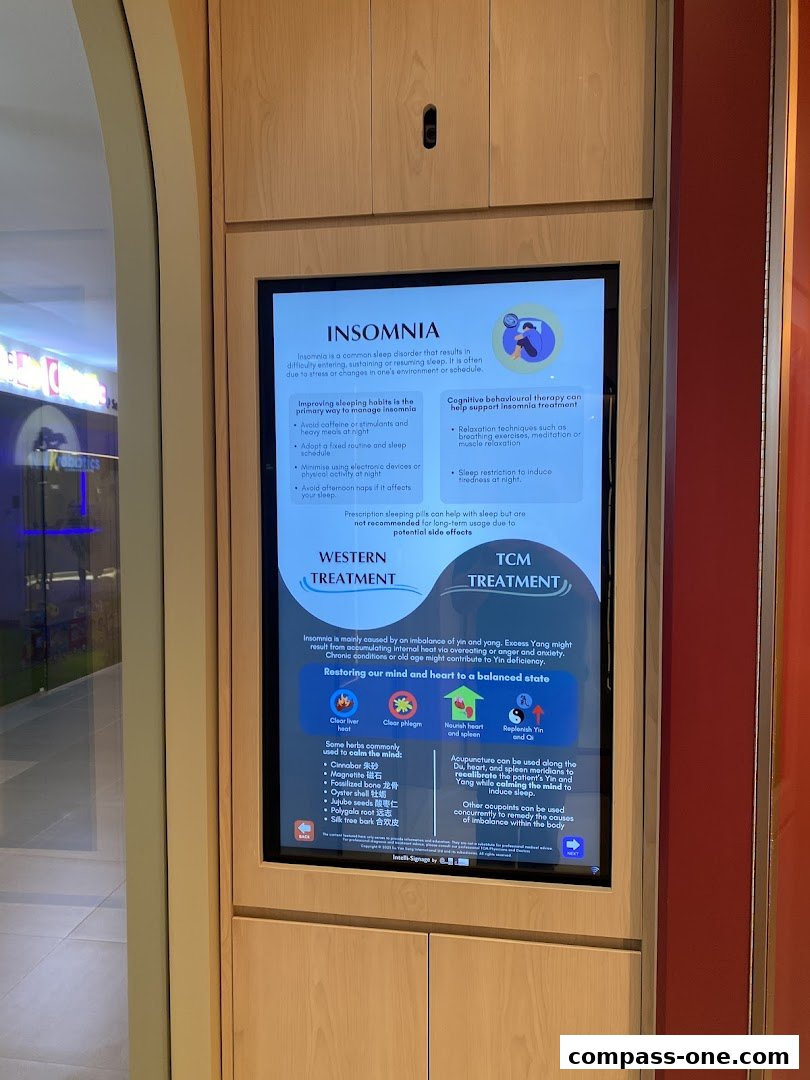 A digital display screen providing information about insomnia and its treatments.