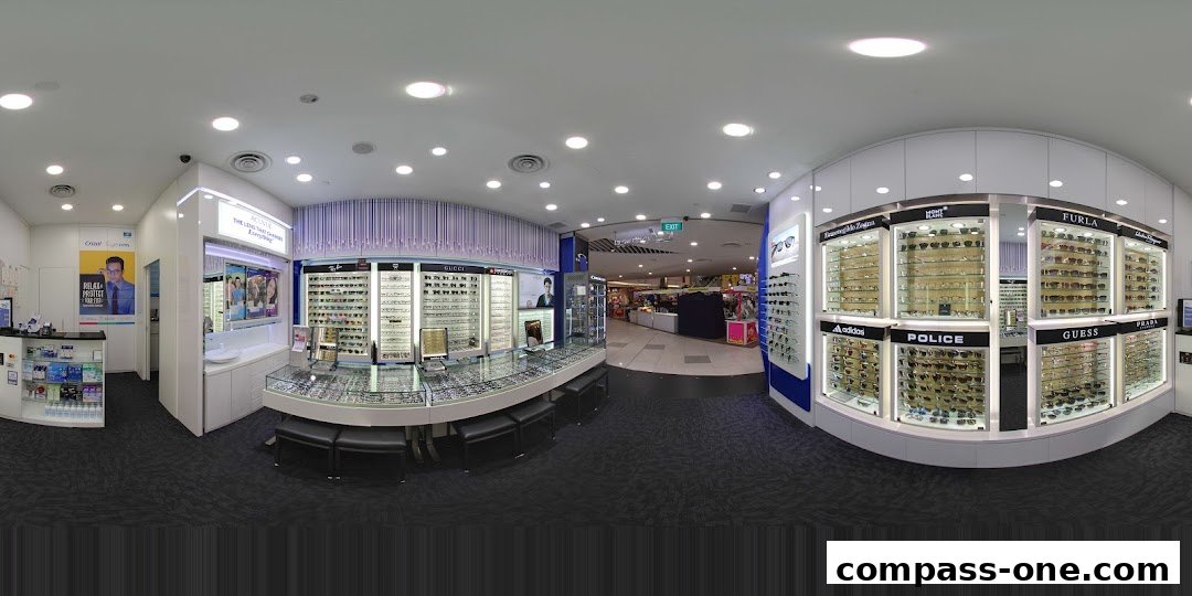 Interior view of an optical shop showcasing a wide selection of eyeglasses and sunglasses.