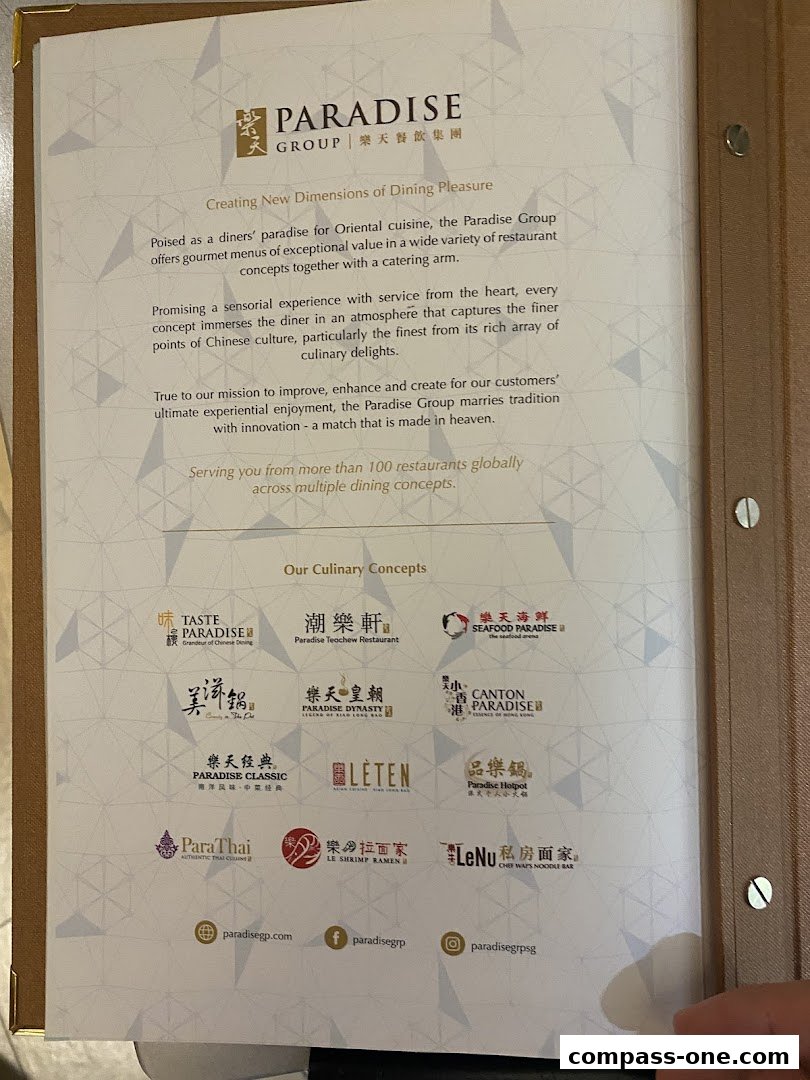 A menu showcasing the Paradise Group's various culinary concepts and brands.