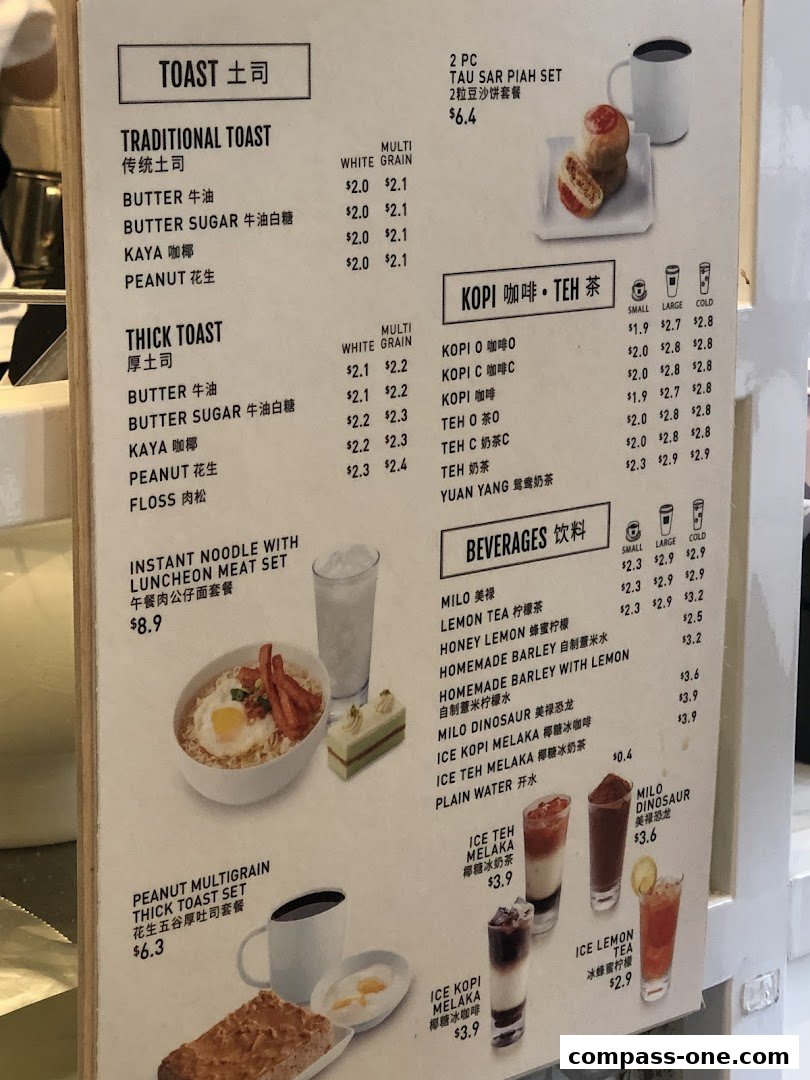 A menu board displaying various toast, coffee, tea, and beverage options with prices.