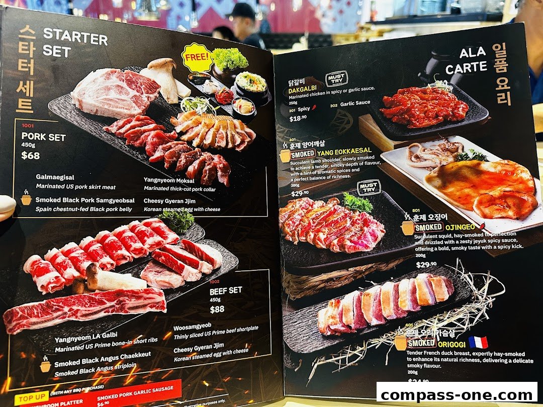 A menu showcasing various Korean BBQ sets and a la carte options with appetizing food photography.