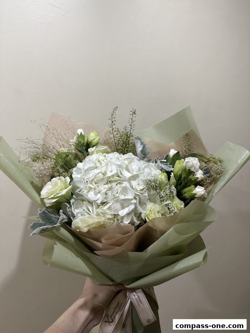 A hand holds a beautiful bouquet of white hydrangeas and other greenery.