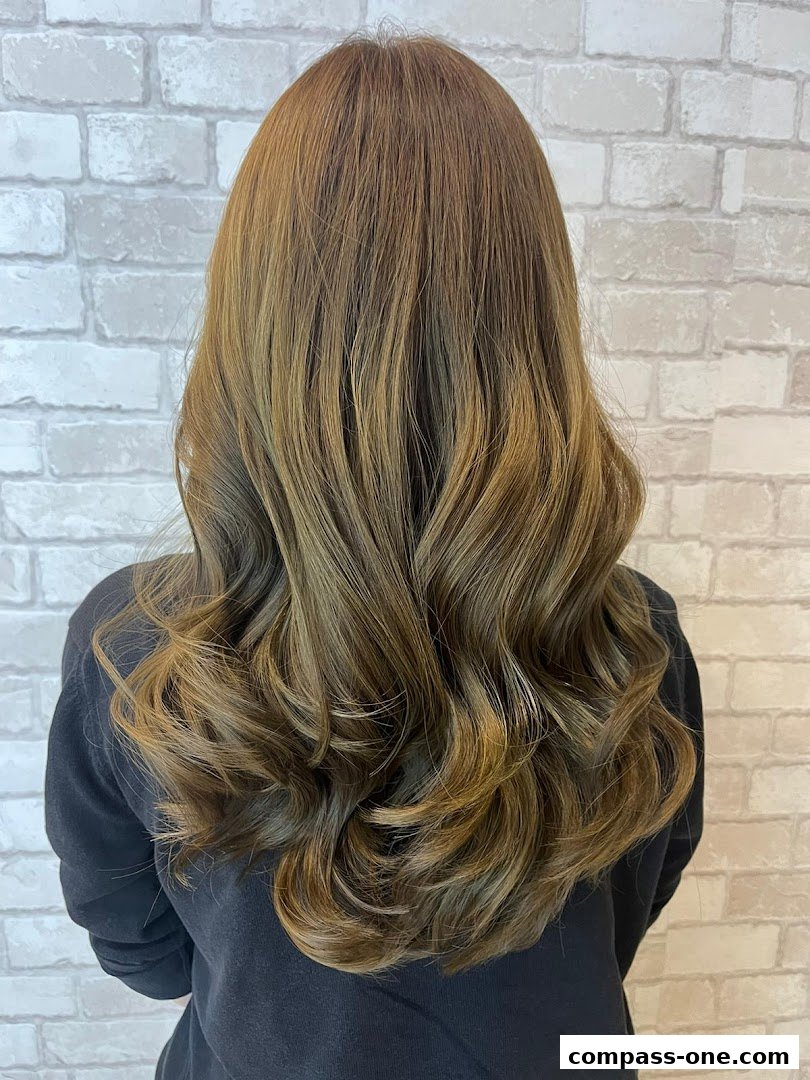 A person's back with beautifully styled, wavy, and colored hair.