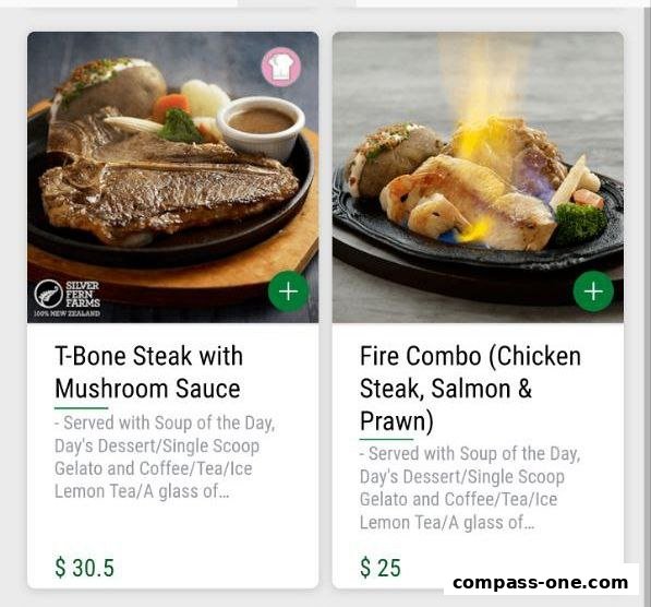 Two delicious meal options: T-Bone Steak and a Fire Combo with steak, salmon, and prawn.