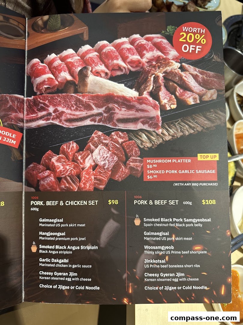 A menu showcasing various Korean BBQ sets with premium cuts of pork, beef, and chicken.