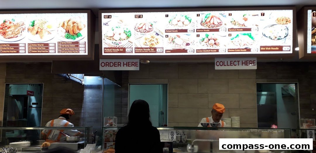 A brightly lit menu board displaying various noodle and chicken dishes with prices.