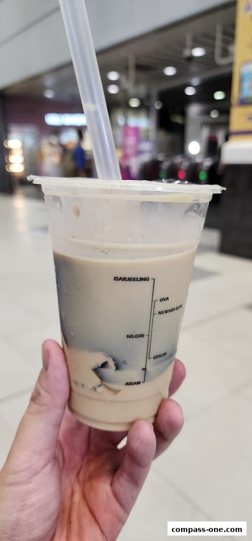 A hand holds a KOI Thé drink with a straw, showing tea types on the cup.