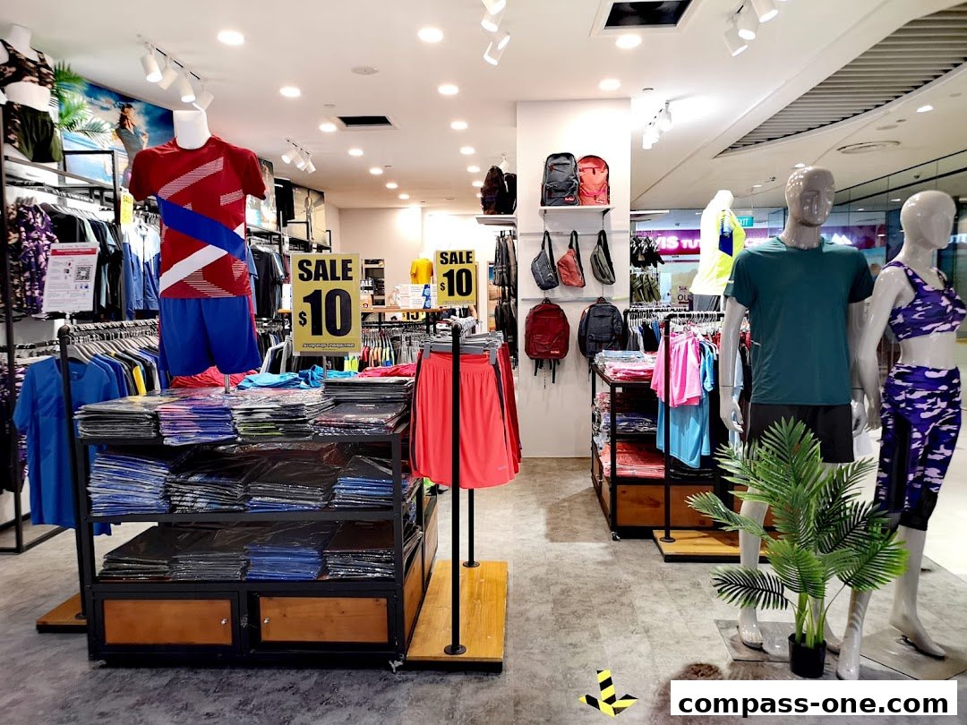 Interior view of a clothing store with mannequins, racks of apparel, and sale signs.