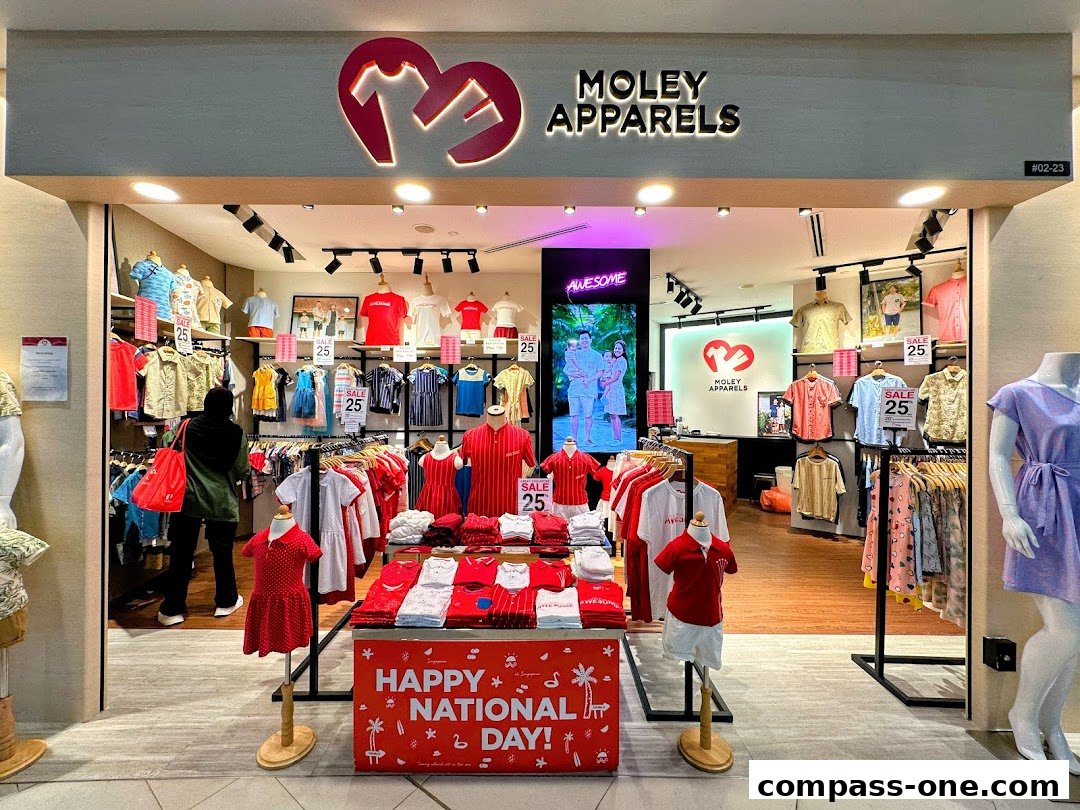 Moley Apparels shop front displaying a variety of clothing and a 'Happy National Day' sale.