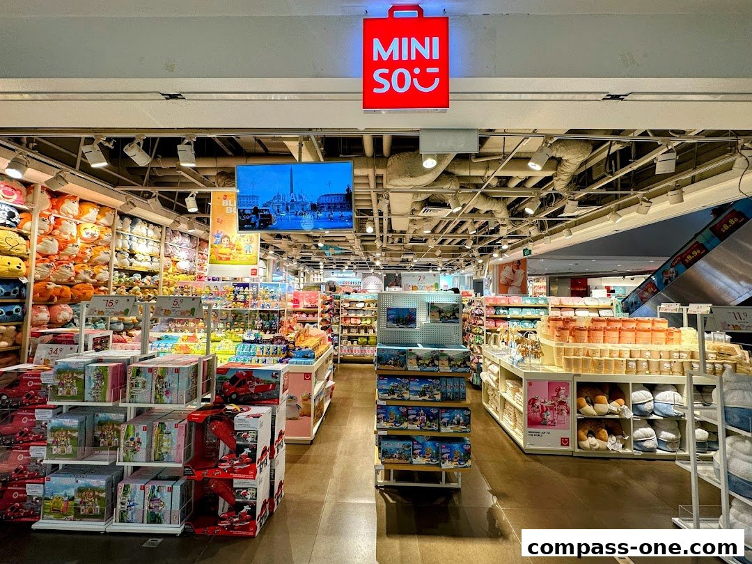 Interior view of a MINISO store showcasing a wide variety of plush toys, stationery, and home goods.