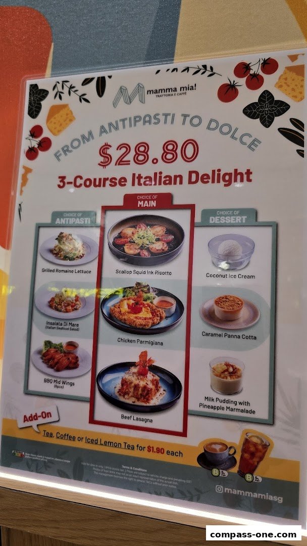 A menu showcasing a 3-course Italian delight with antipasti, main, and dessert options.