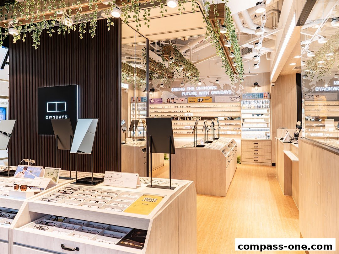 Interior view of OWNDAYS Compass One, showcasing a wide selection of eyeglasses and a modern, clean store design.