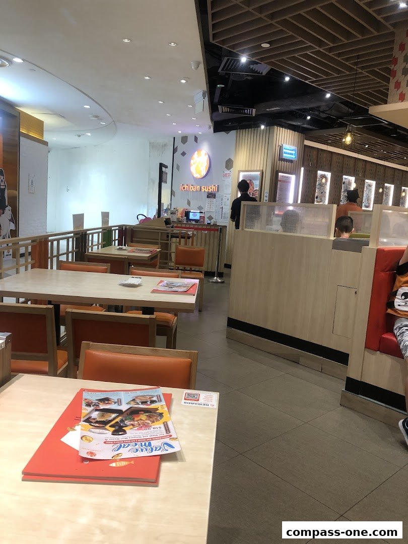 Interior view of Ichiban Sushi restaurant with tables, chairs, and a counter.