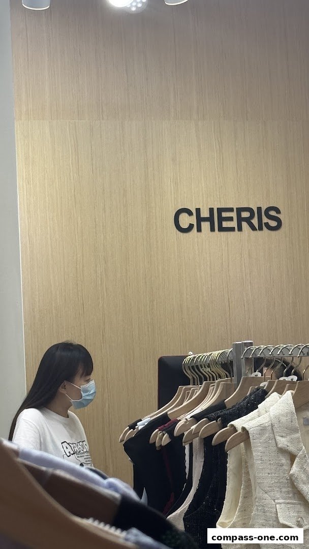 A woman wearing a mask browses clothing at Cheris.