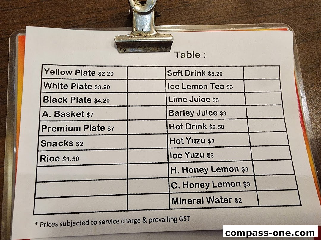 A menu with various plates, snacks, rice, drinks, and juices with prices.