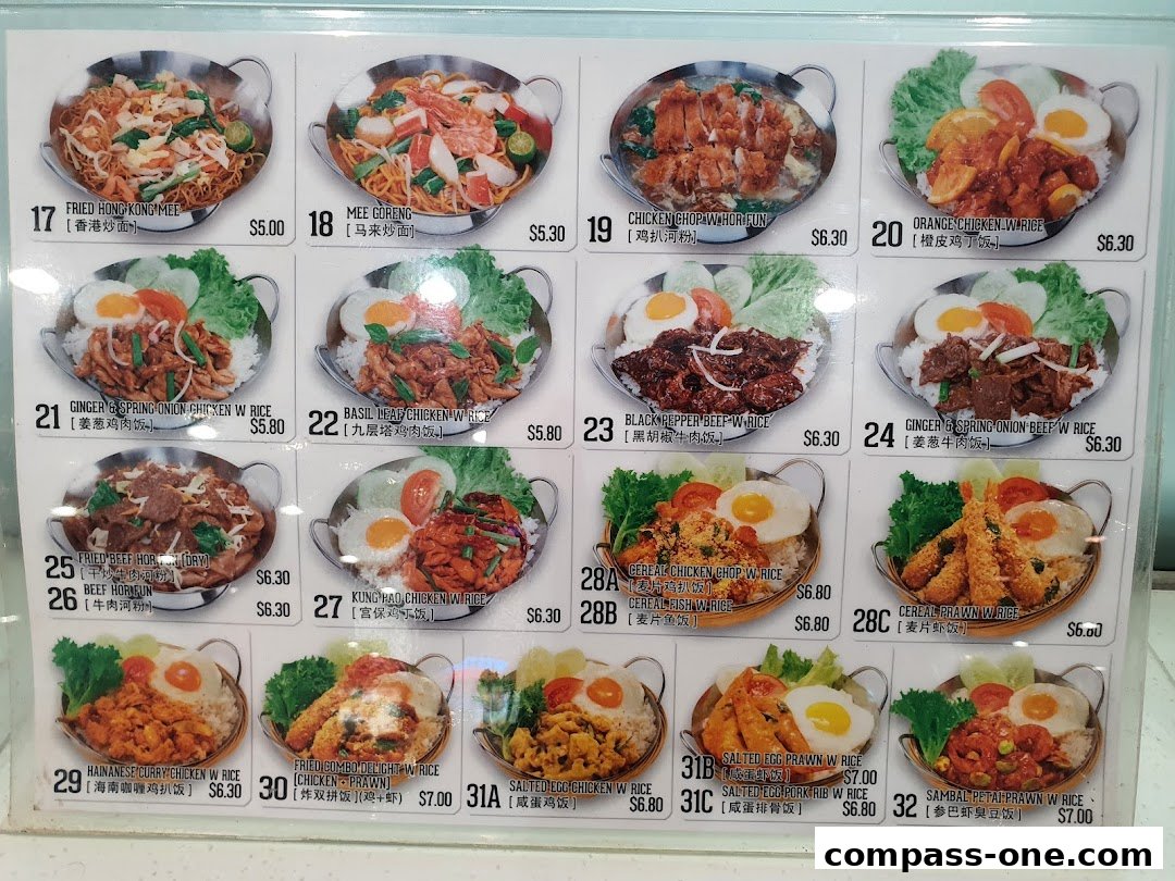 A menu board displaying various Asian dishes with pictures and prices.