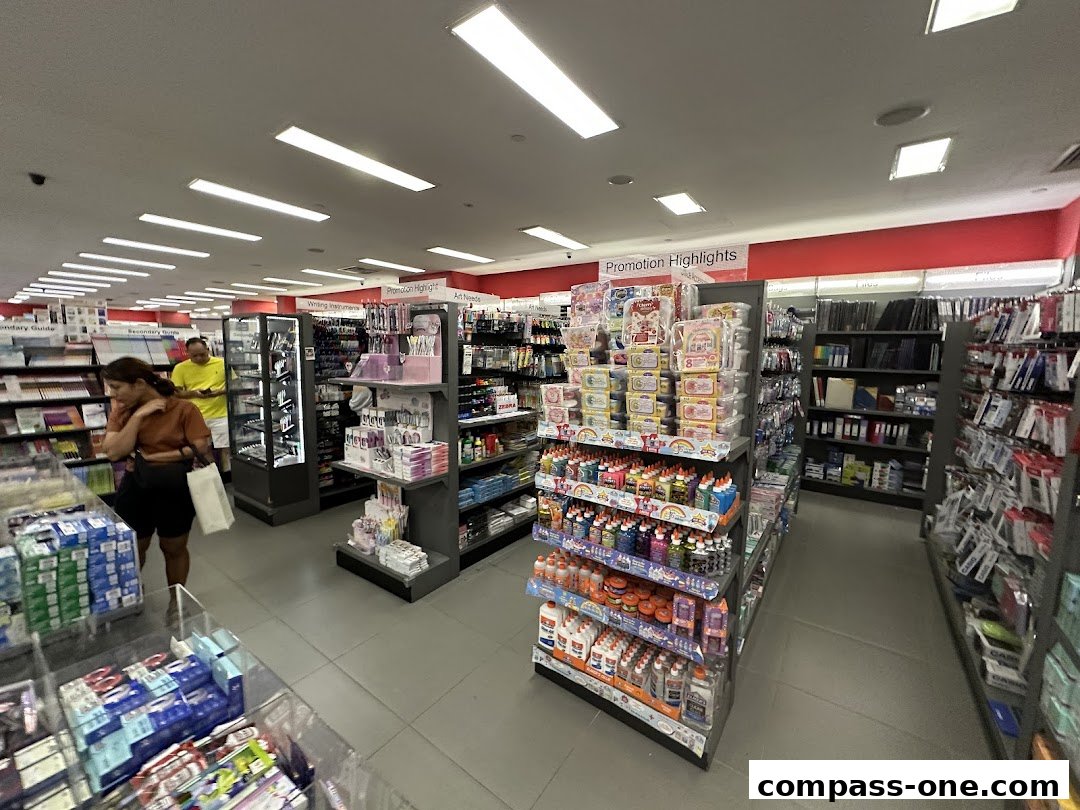 Interior view of a POPULAR Bookstore with shelves stocked with stationery, books, and art supplies.