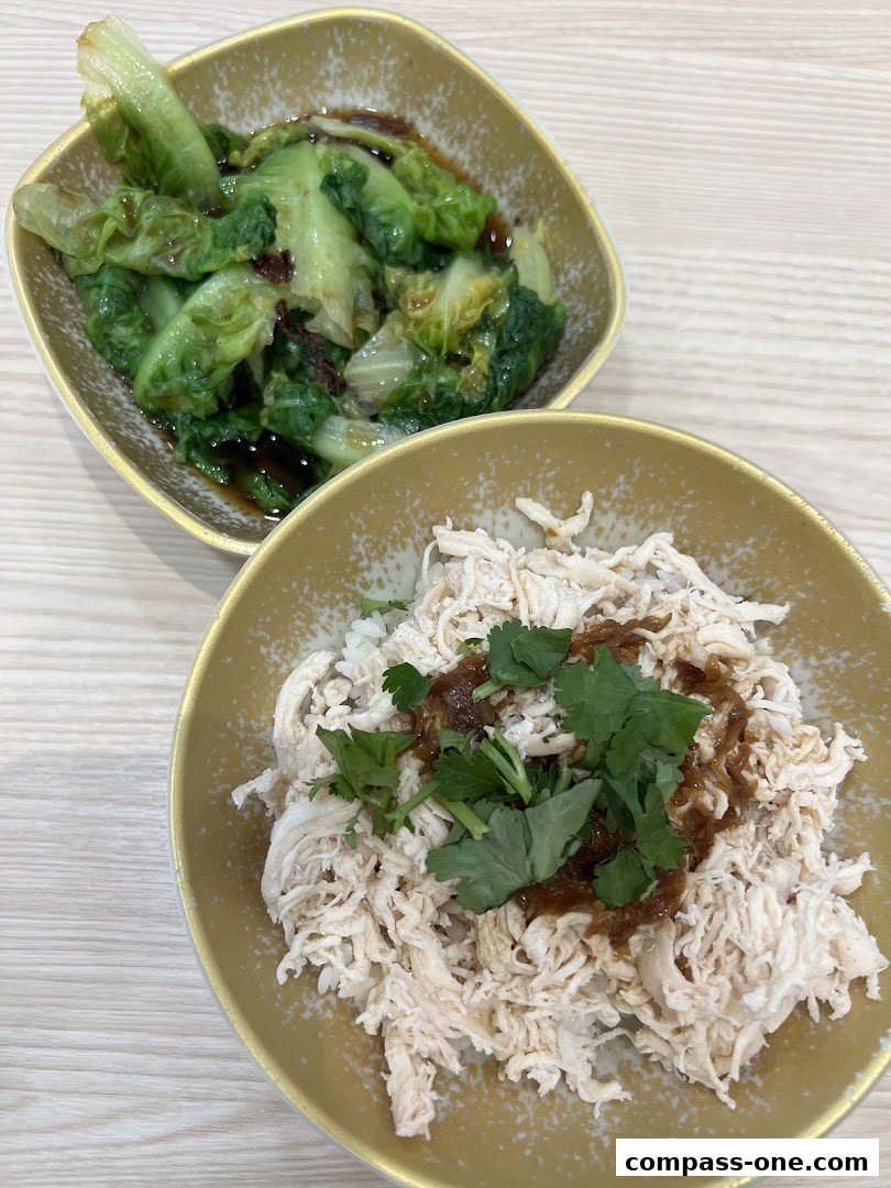 Two bowls of food, one with shredded chicken and cilantro, the other with braised lettuce.