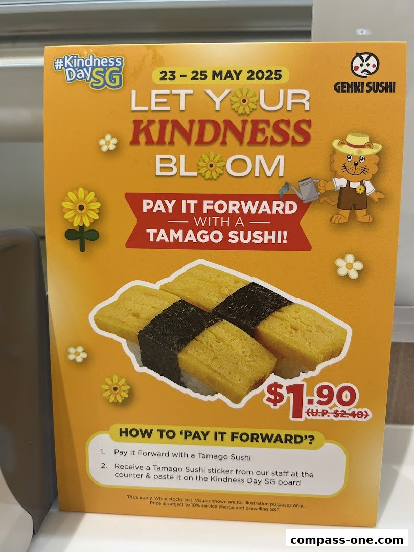 A promotional poster for Genki Sushi featuring Tamago Sushi and a Kindness Day SG campaign.