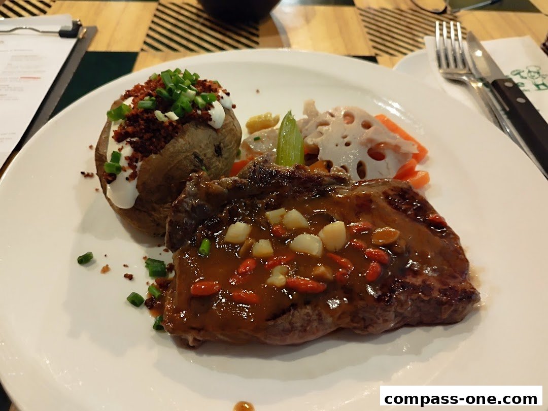A plate of steak with a baked potato and mixed vegetables, garnished with herbs.
