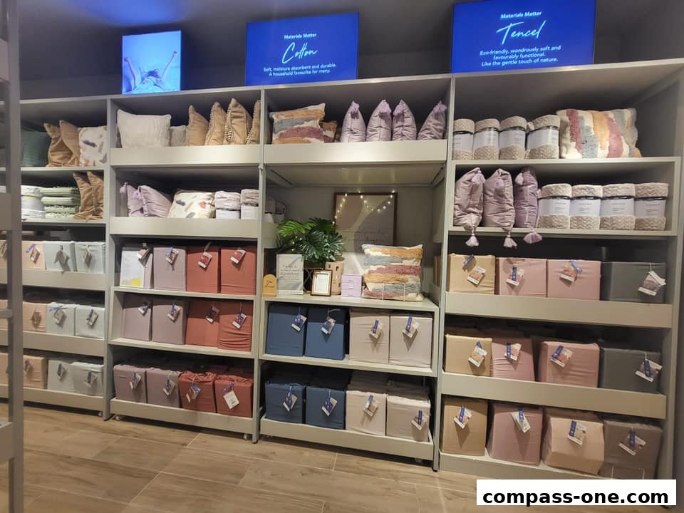 Shelves filled with bedding and pillows, featuring displays on Cotton and Tencel materials.