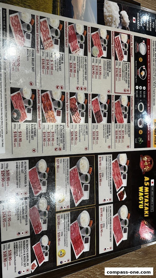 A menu showcasing various Yakiniku sets with different cuts of meat and prices.
