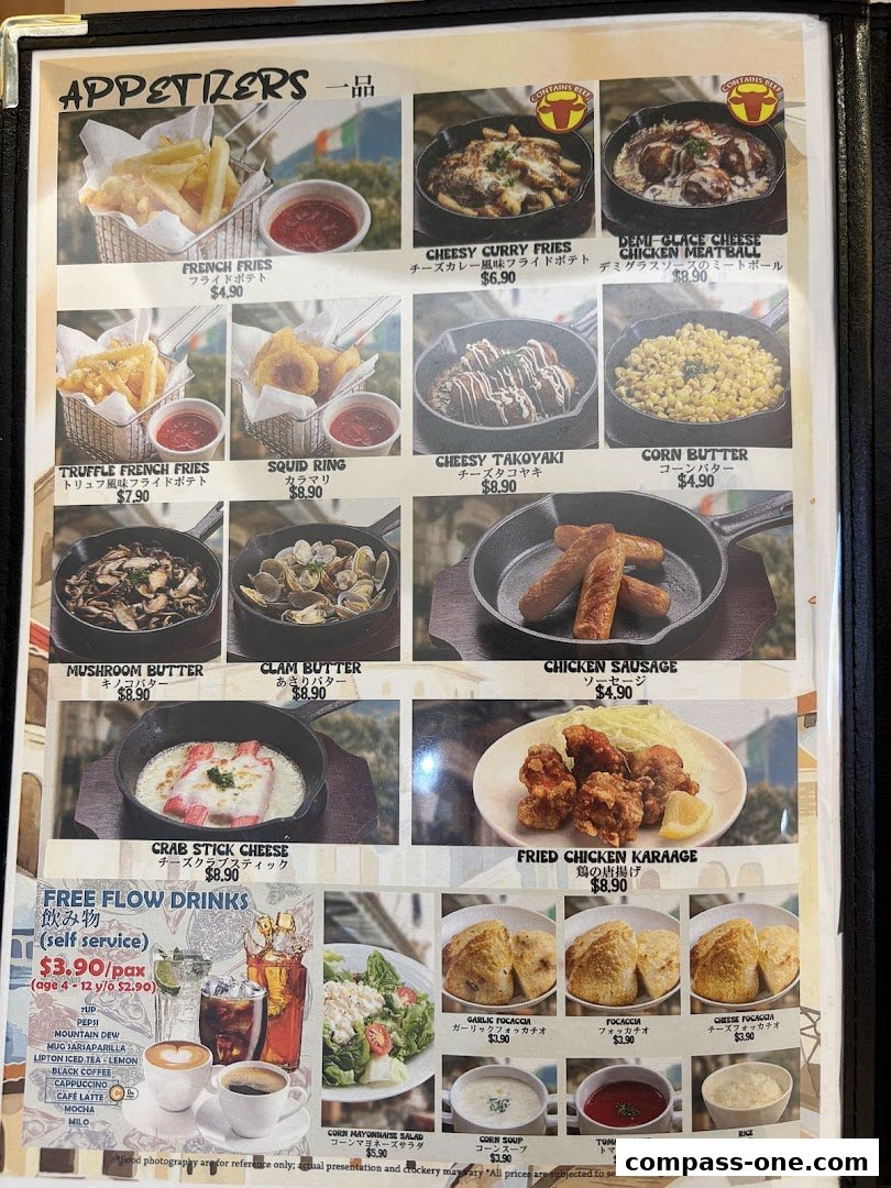 A menu from Milan Shokudo Compass One featuring appetizers and drinks with prices.