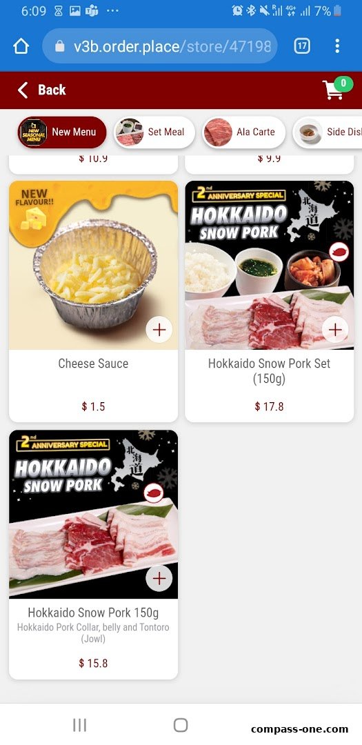 A mobile screen displaying a Yakiniku Like menu with various pork dishes and sauces.
