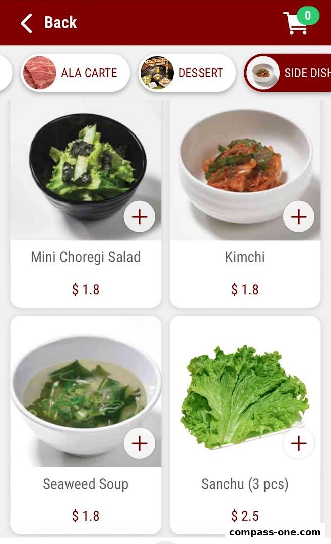 A digital menu displaying various Japanese side dishes with prices.