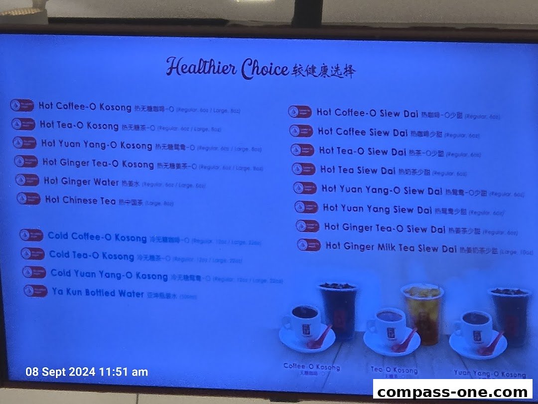 A menu board displaying various coffee, tea, and beverage options with prices and descriptions.