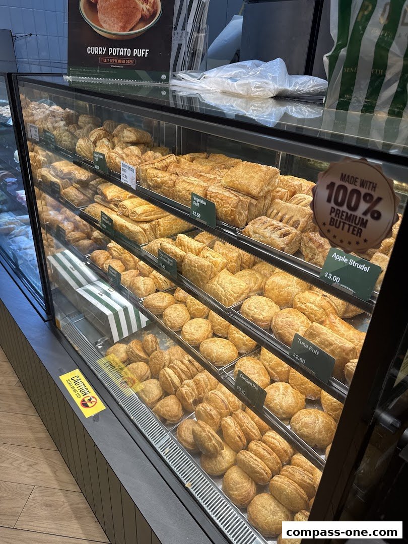 A display case filled with various freshly baked pastries and puffs at Polar Puffs.