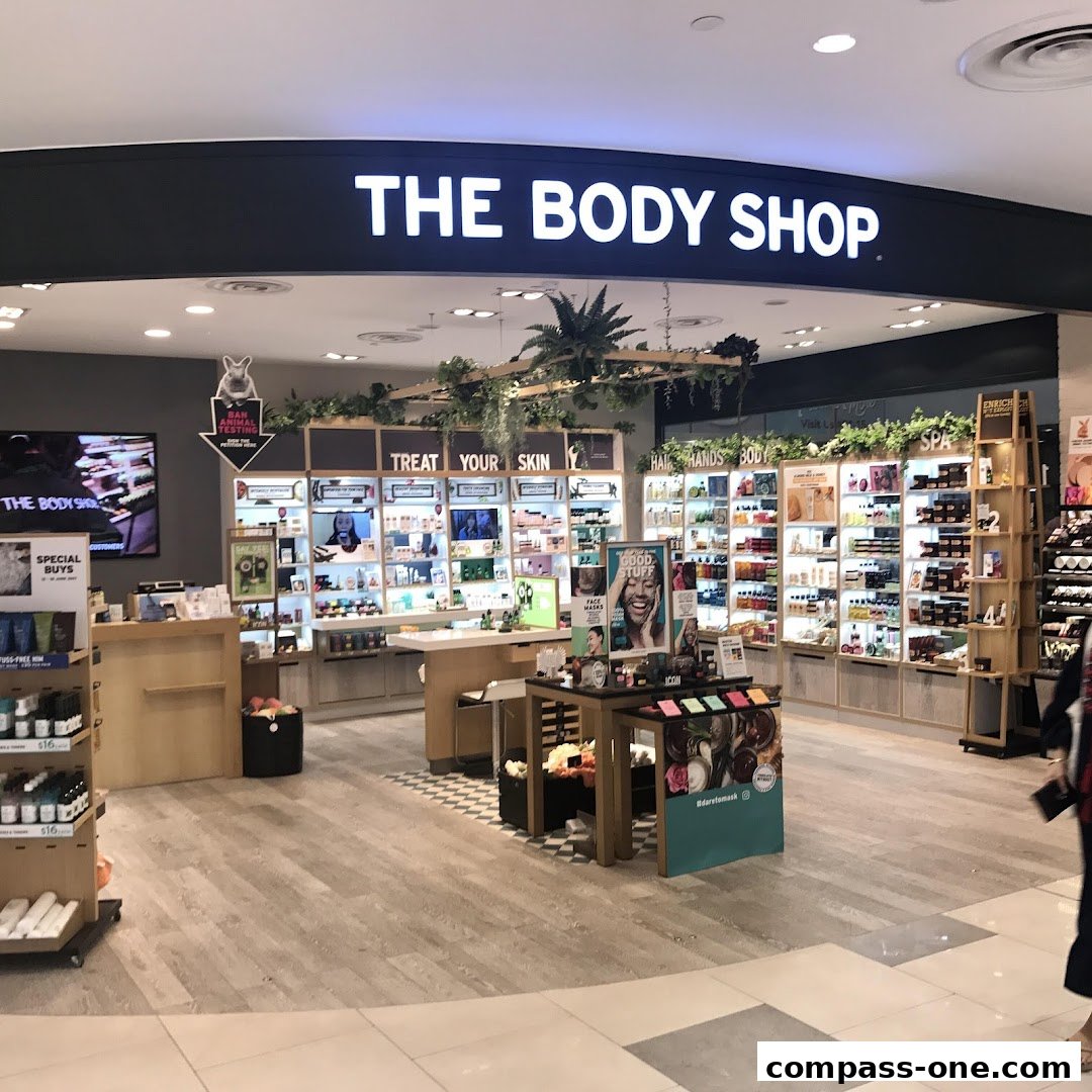 The Body Shop store interior showcasing skincare, haircare, and body care products.