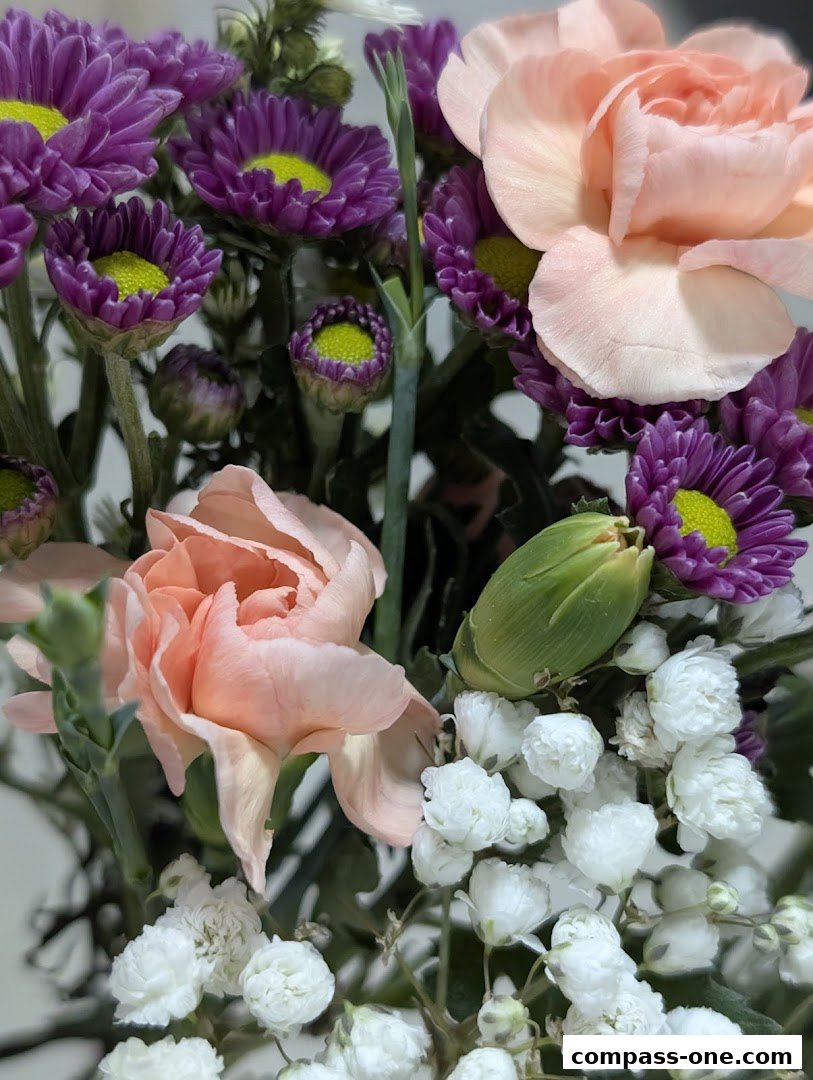 A close-up view of a vibrant floral arrangement with purple chrysanthemums, peach carnations, and baby's breath.