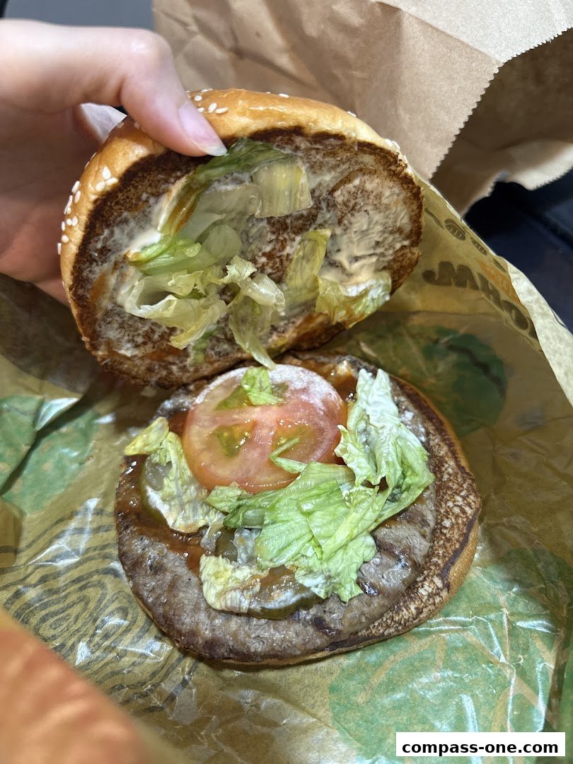 A hand holding a partially eaten Burger King burger with lettuce, tomato, and sauce.