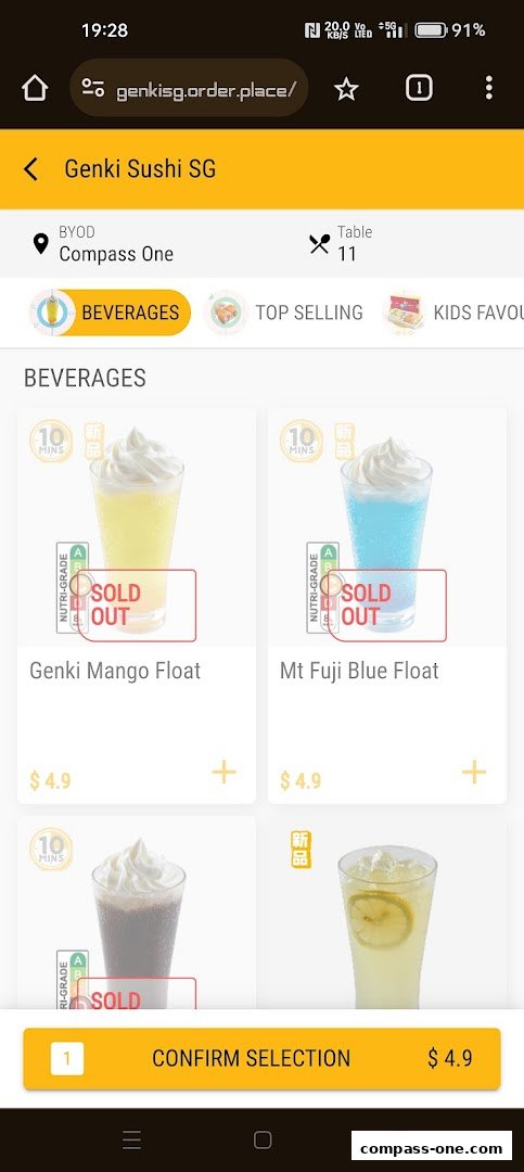 A screenshot of the Genki Sushi SG mobile ordering app showing beverages.