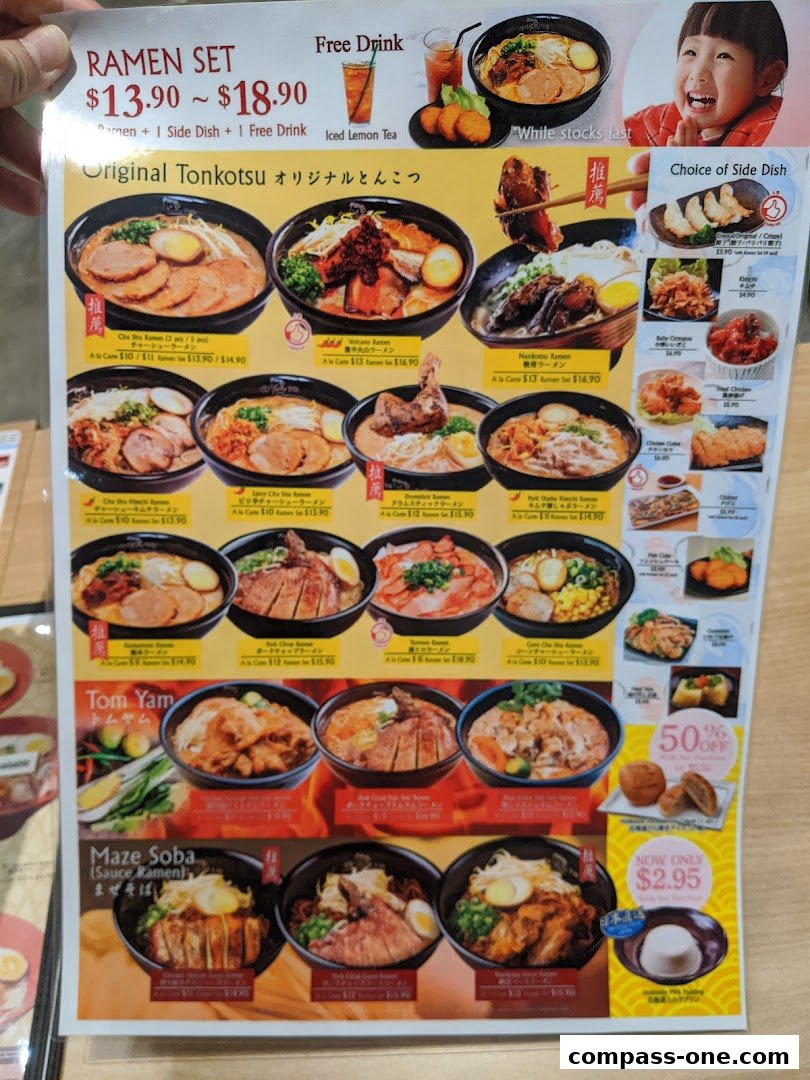 A menu from Ajisen Ramen featuring ramen sets, original tonkotsu, tom yam, and maze soba dishes.