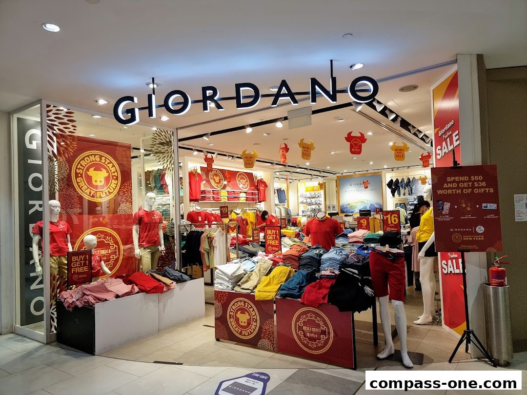 The Giordano store front displays a festive sale with mannequins showcasing apparel and promotional signage.