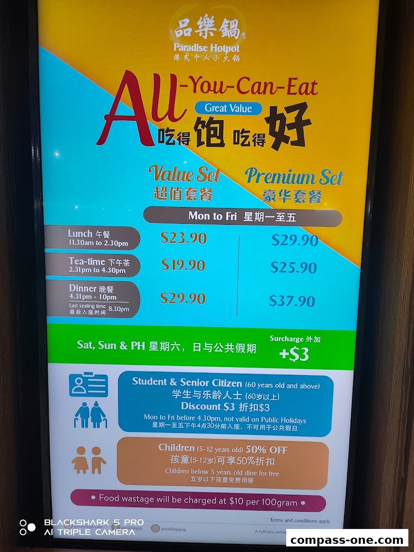 A menu board for Paradise Hotpot offering All-You-Can-Eat value and premium sets with different pricing.