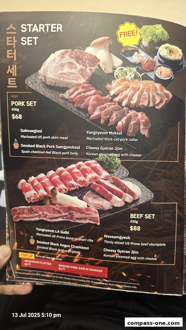 A menu showcasing premium pork and beef sets with various marinated cuts and side dishes.
