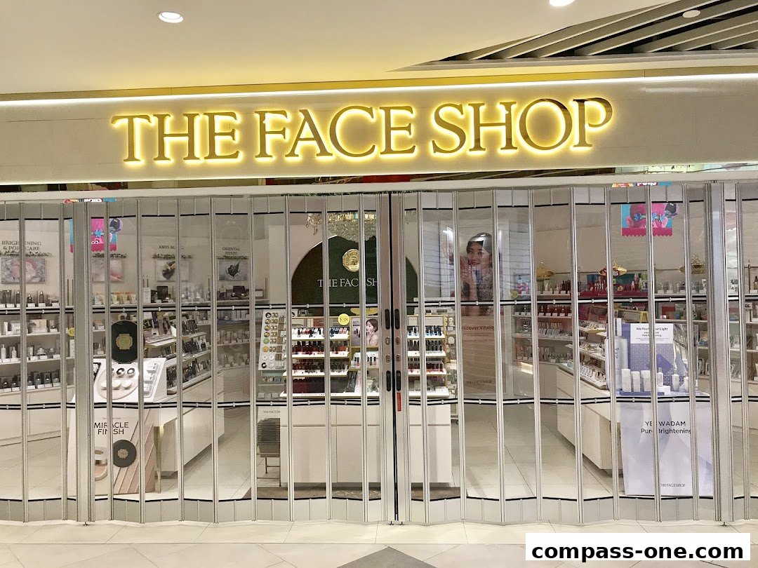 The Face Shop store entrance with its name illuminated and products displayed inside.