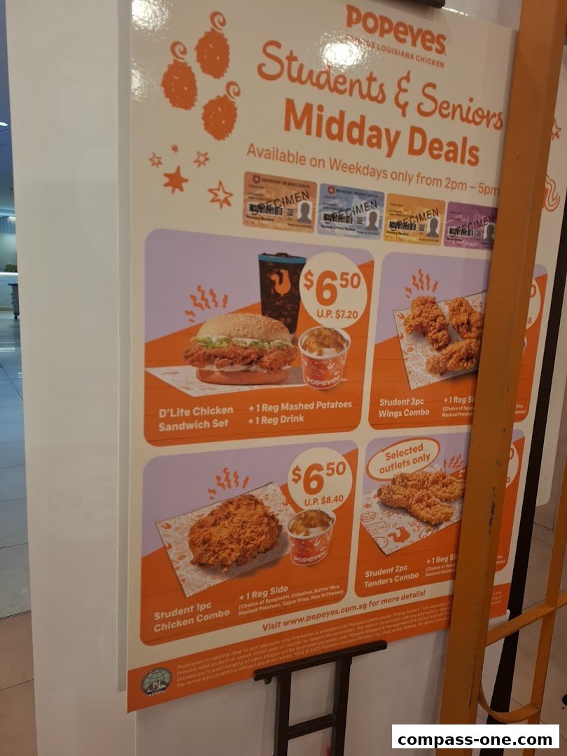 A Popeyes menu board advertising Students & Seniors Midday Deals with various chicken combos.