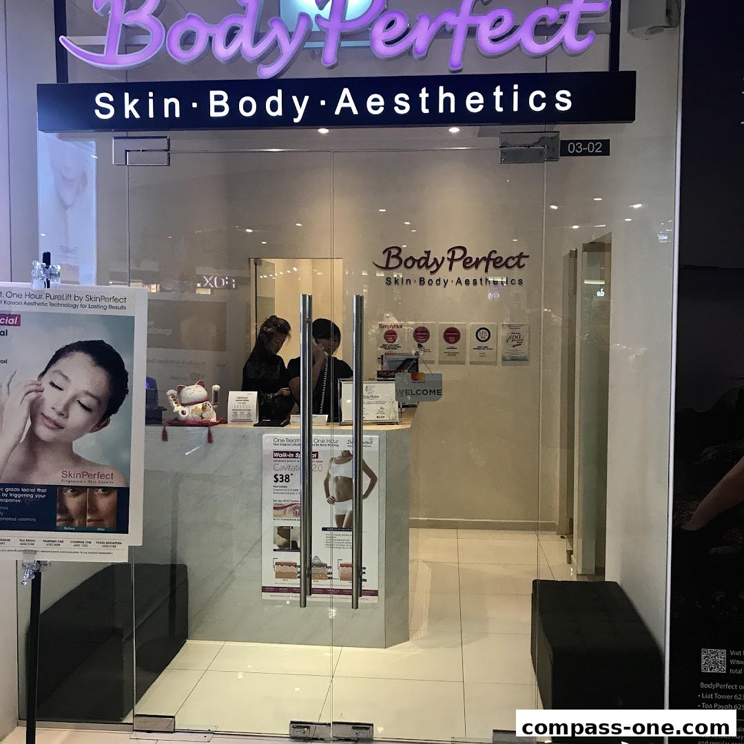 The entrance of BodyPerfect, a skin, body, and aesthetics clinic, with promotional posters visible.
