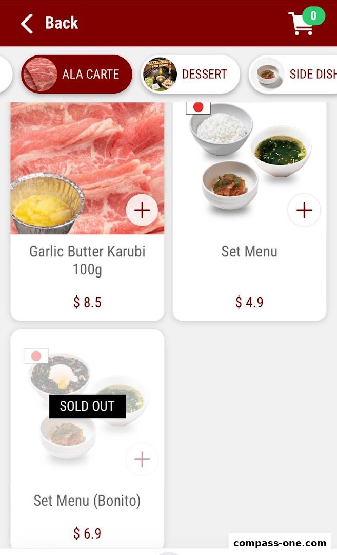 A digital menu displaying Yakiniku Like's ala carte and set menu options.