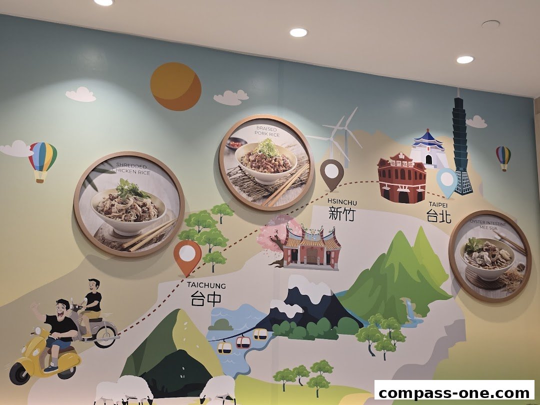A colorful mural depicting Taiwanese landmarks and food dishes.