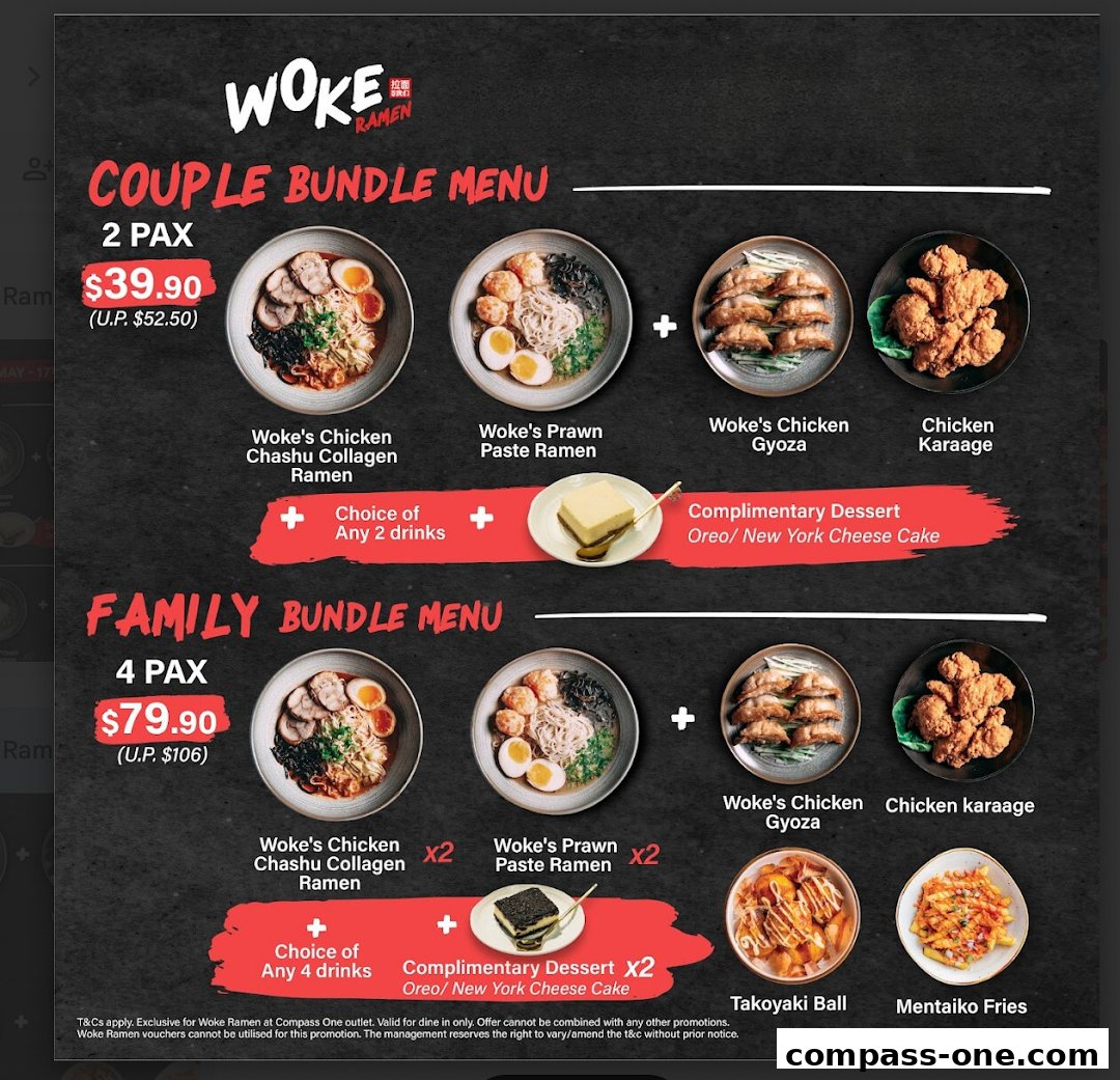A menu showcasing Woke Ramen's couple and family bundle deals with various ramen, sides, and desserts.