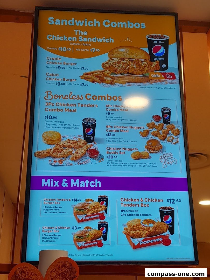 A menu board displaying various chicken sandwich and boneless chicken combos, as well as mix-and-match options.